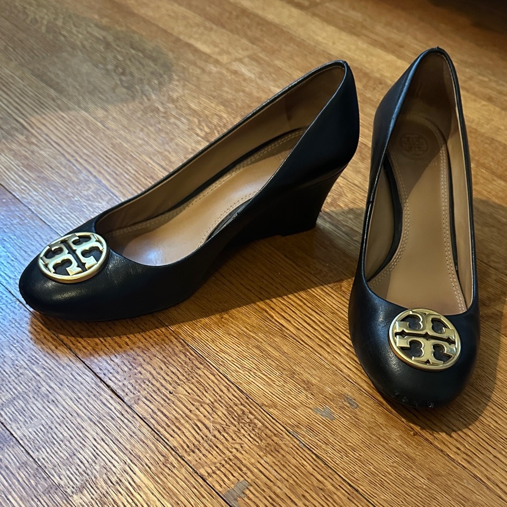 Tory Burch Black Wedges with Gold Accent